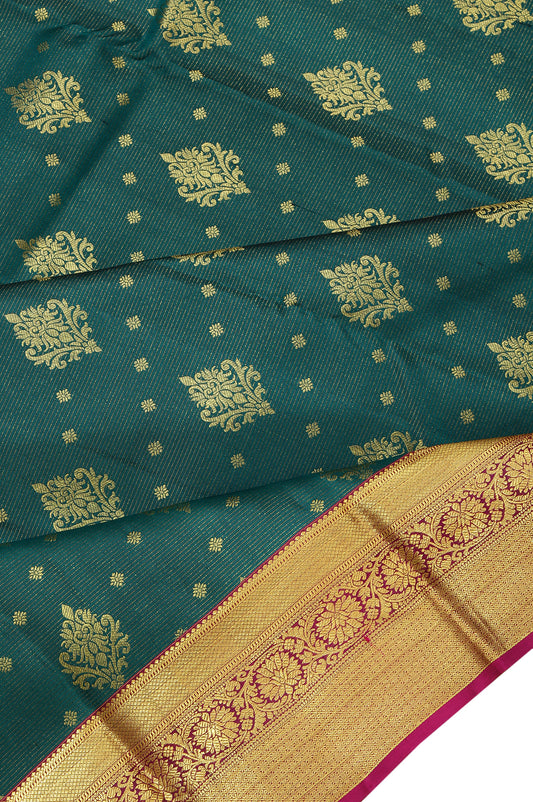 Peacock Green Soft Silk Saree with Pink Gold Buttas