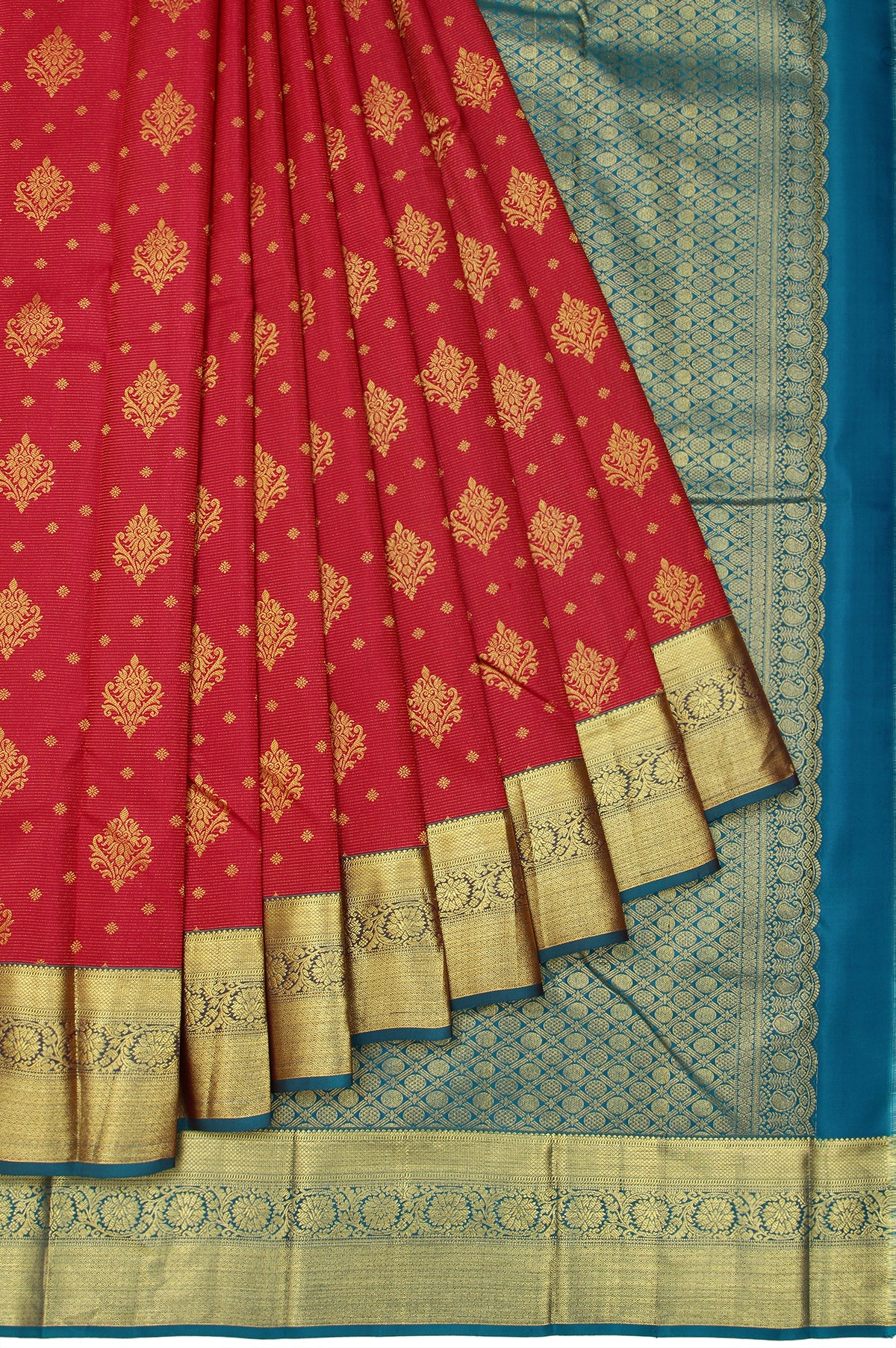 Maroon Soft Silk Saree with Peacock Green Border and Gold Zari Floral Creeper