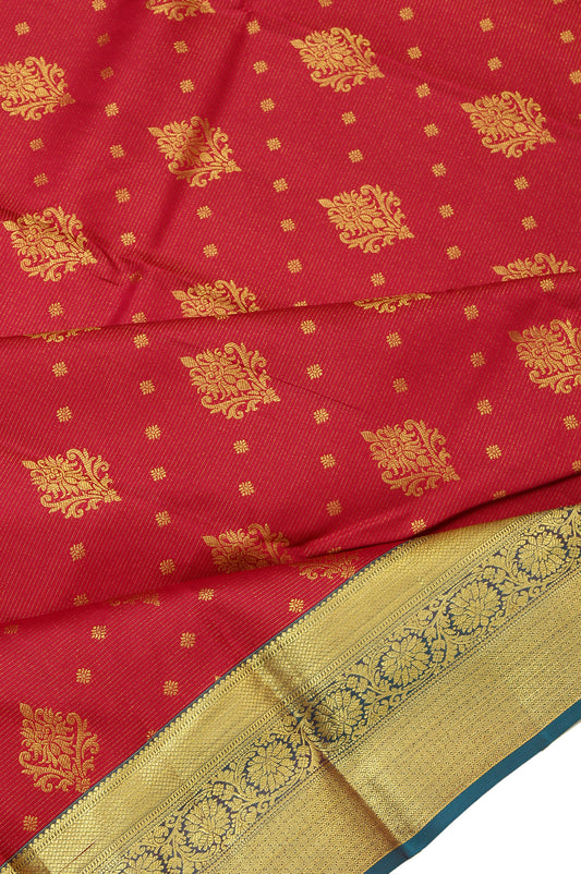 Maroon Soft Silk Saree with Peacock Green Border and Gold Zari Floral Creeper