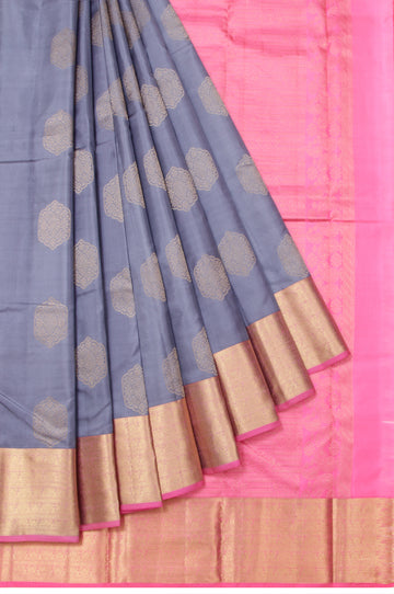 Grey Soft Silk Saree with Peach Border and Gold Zari Flower Design