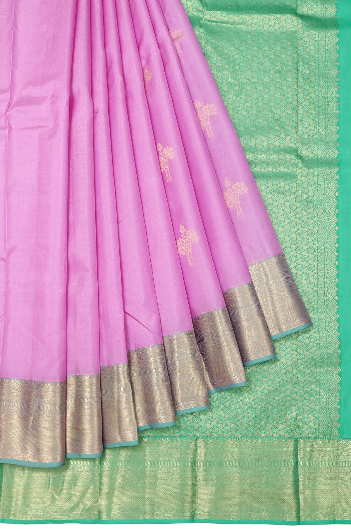 Pink Soft Silk Saree with Sea Green Zari Kaddi Border