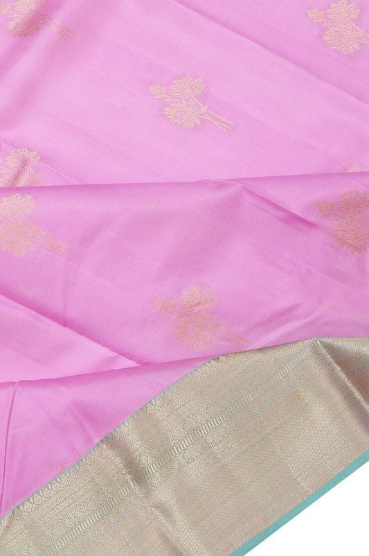 Pink Soft Silk Saree with Sea Green Zari Kaddi Border