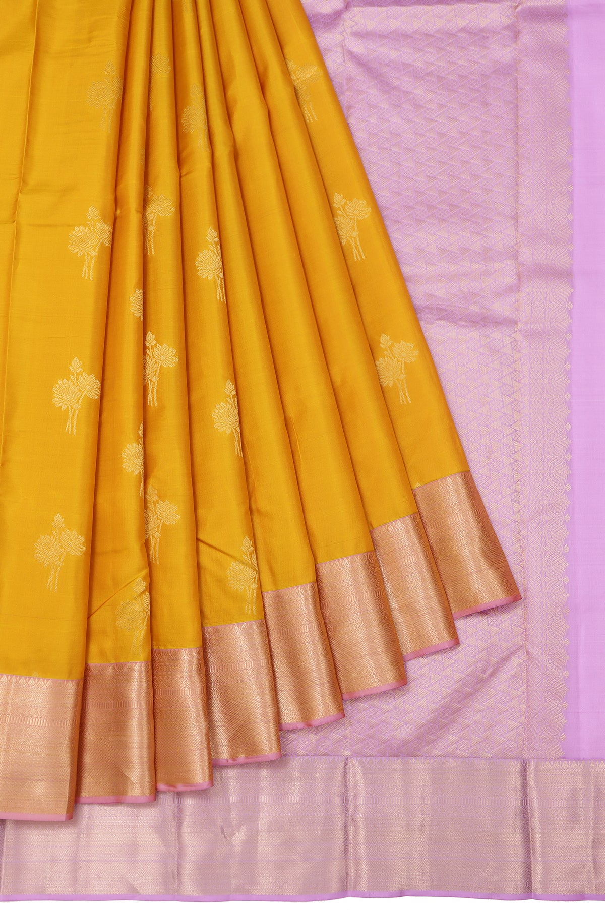 Mustard Soft Silk Saree with Lavender Gold Zari Floral Creeper Design