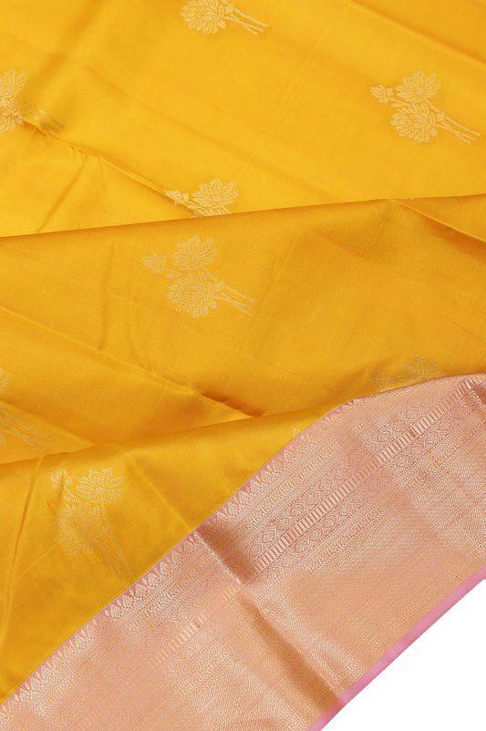 Mustard Soft Silk Saree with Lavender Gold Zari Floral Creeper Design