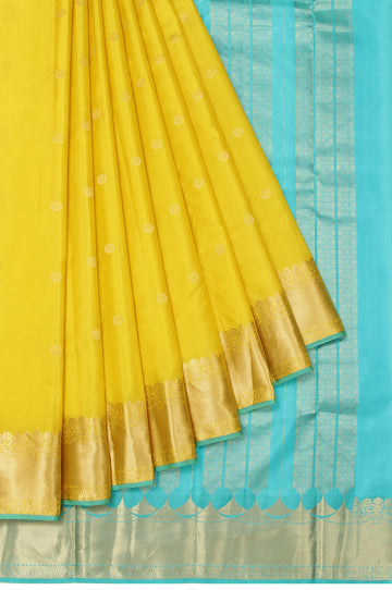 Yellow Soft Silk Saree with Parrot Green Gold Zari Stripes