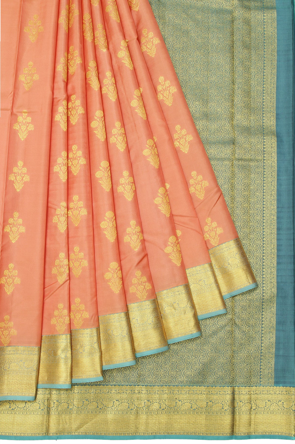 Orange Soft Silk Saree with Blue Gold Tree Motifs