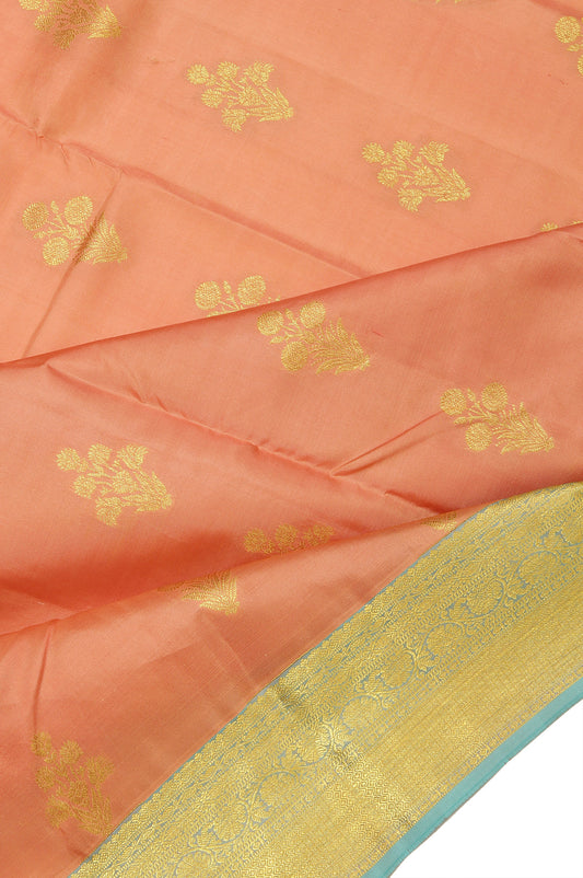 Orange Soft Silk Saree with Blue Gold Tree Motifs