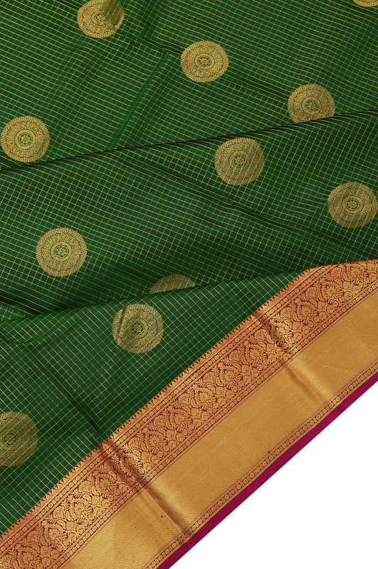 Green Soft Silk Saree with Pink Gold Zari Checks and Rudhraksha Butta