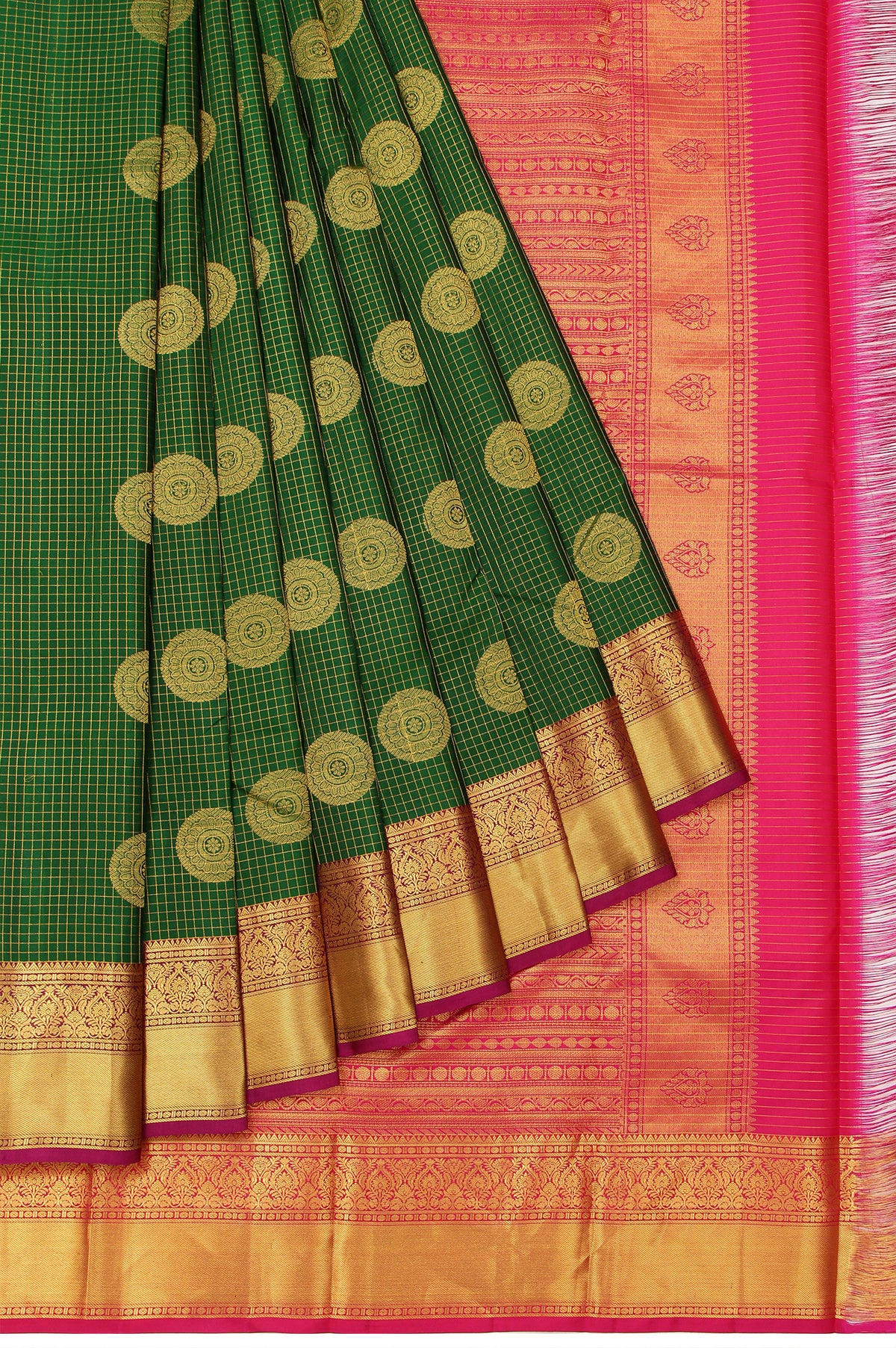 Green Soft Silk Saree with Pink Gold Zari Checks and Rudhraksha Butta