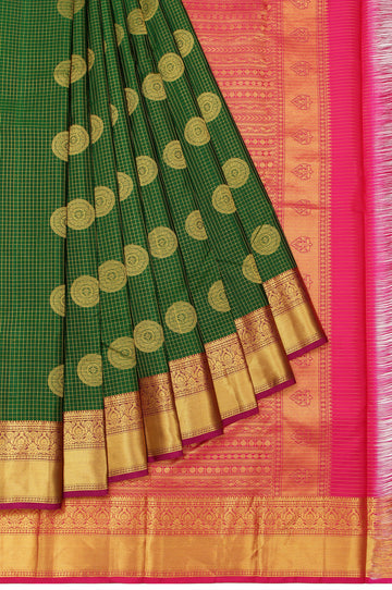 Green Soft Silk Saree with Pink Gold Zari Checks and Rudhraksha Butta