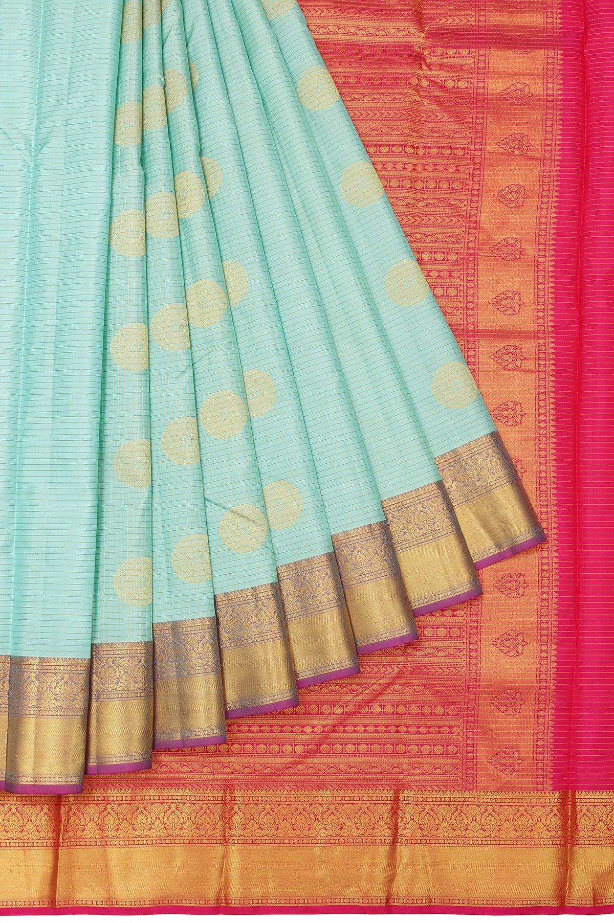 Sea Green Soft Silk Saree with Pink and Gold Zari Border