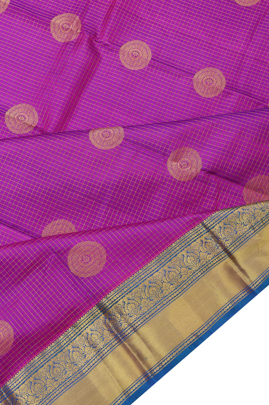 Magenta Soft Silk Saree with Peacock Blue Gold Zari Checks and Rudhraksha Butta