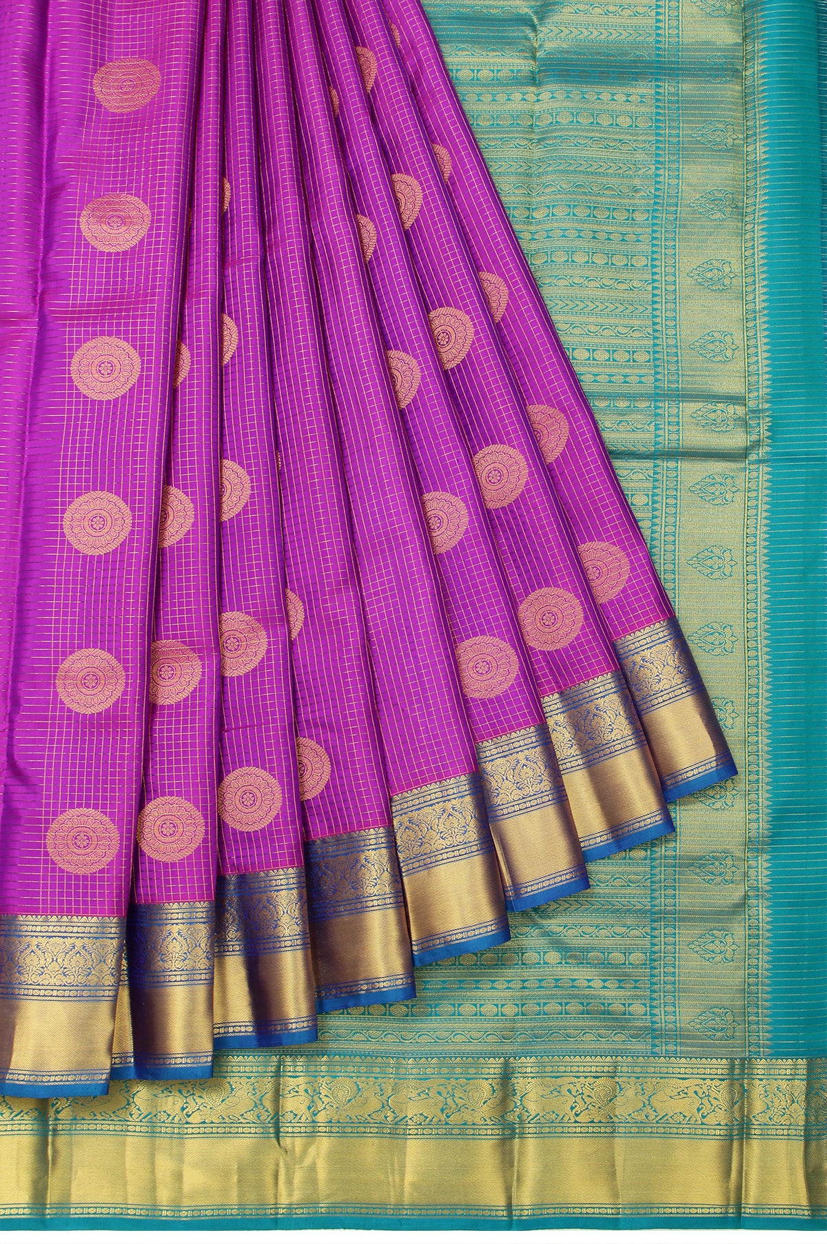 Magenta Soft Silk Saree with Peacock Blue Gold Zari Checks and Rudhraksha Butta