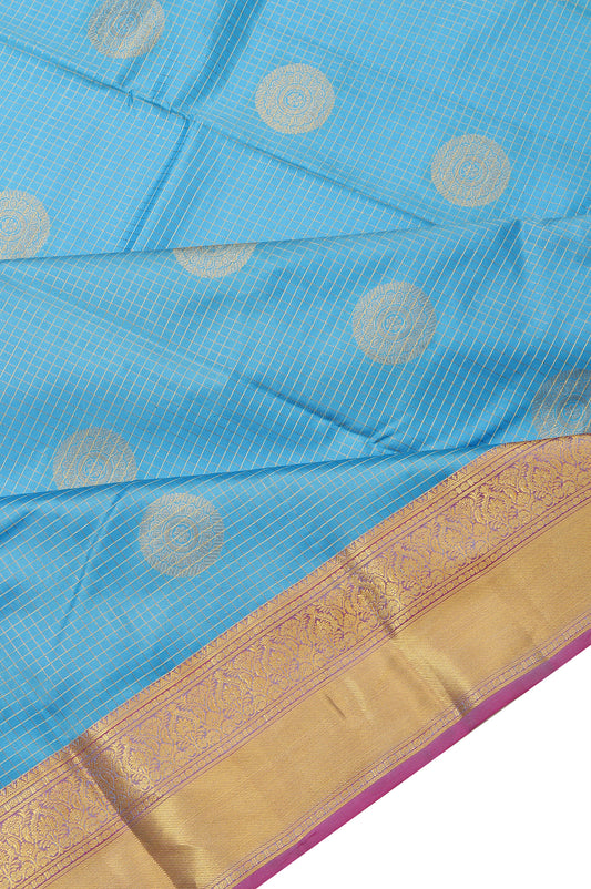 Sky Blue Soft Silk Saree with Pink Gold Zari Checks and Rudhraksha Butta