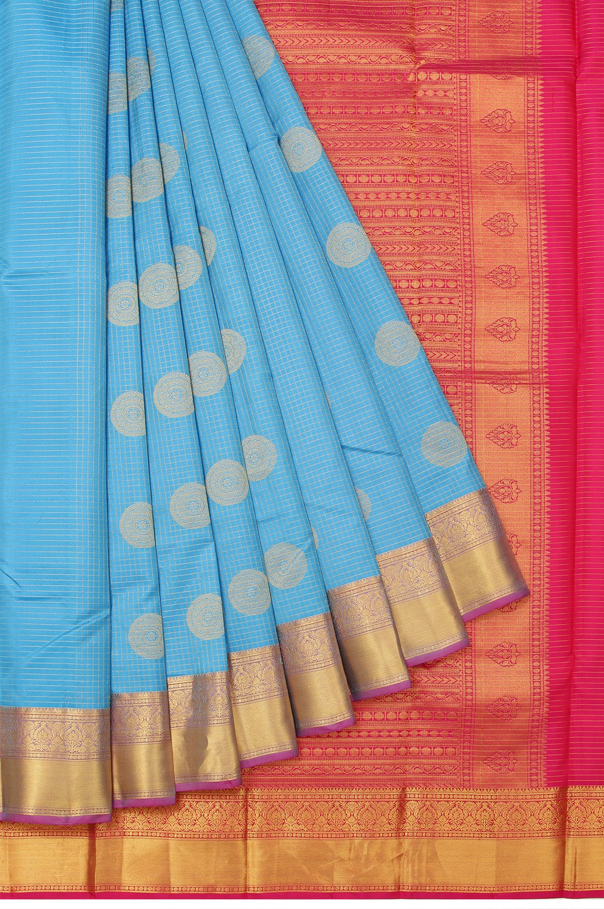 Sky Blue Soft Silk Saree with Pink Gold Zari Checks and Rudhraksha Butta