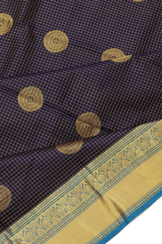 Navy Blue Soft Silk Saree with Peacock Blue and Gold Zari Border