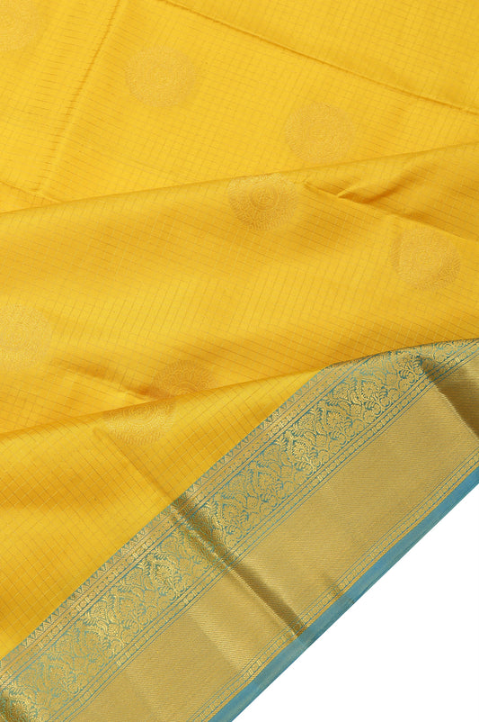 Yellow Soft Silk Saree with Magenta Pink Border and Gold & Silver Zari Chevron Pattern