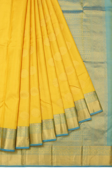 Yellow Soft Silk Saree with Magenta Pink Border and Gold & Silver Zari Chevron Pattern