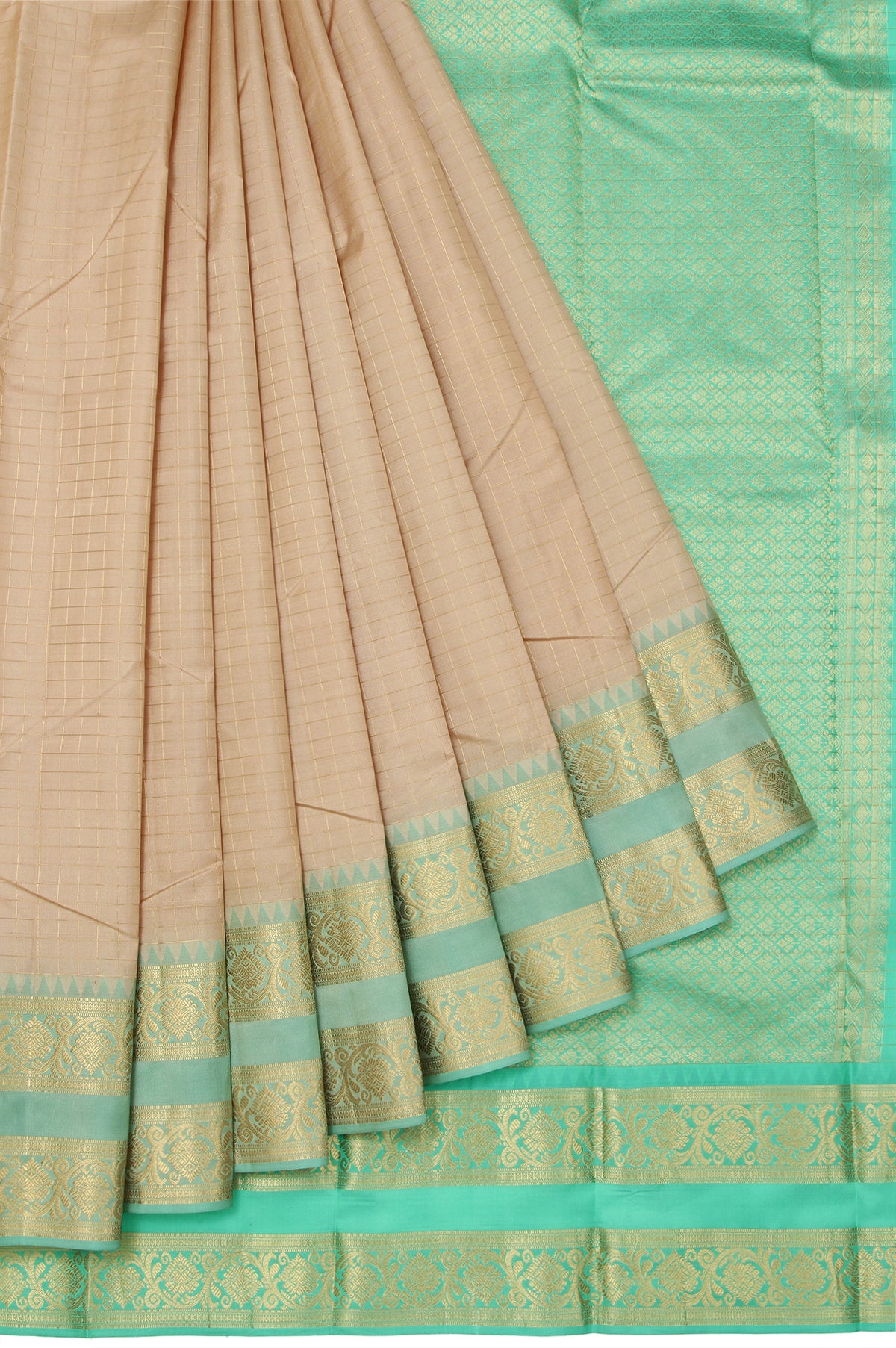 Sandal Soft Silk Saree with Sea Green Border and Zari Stripes