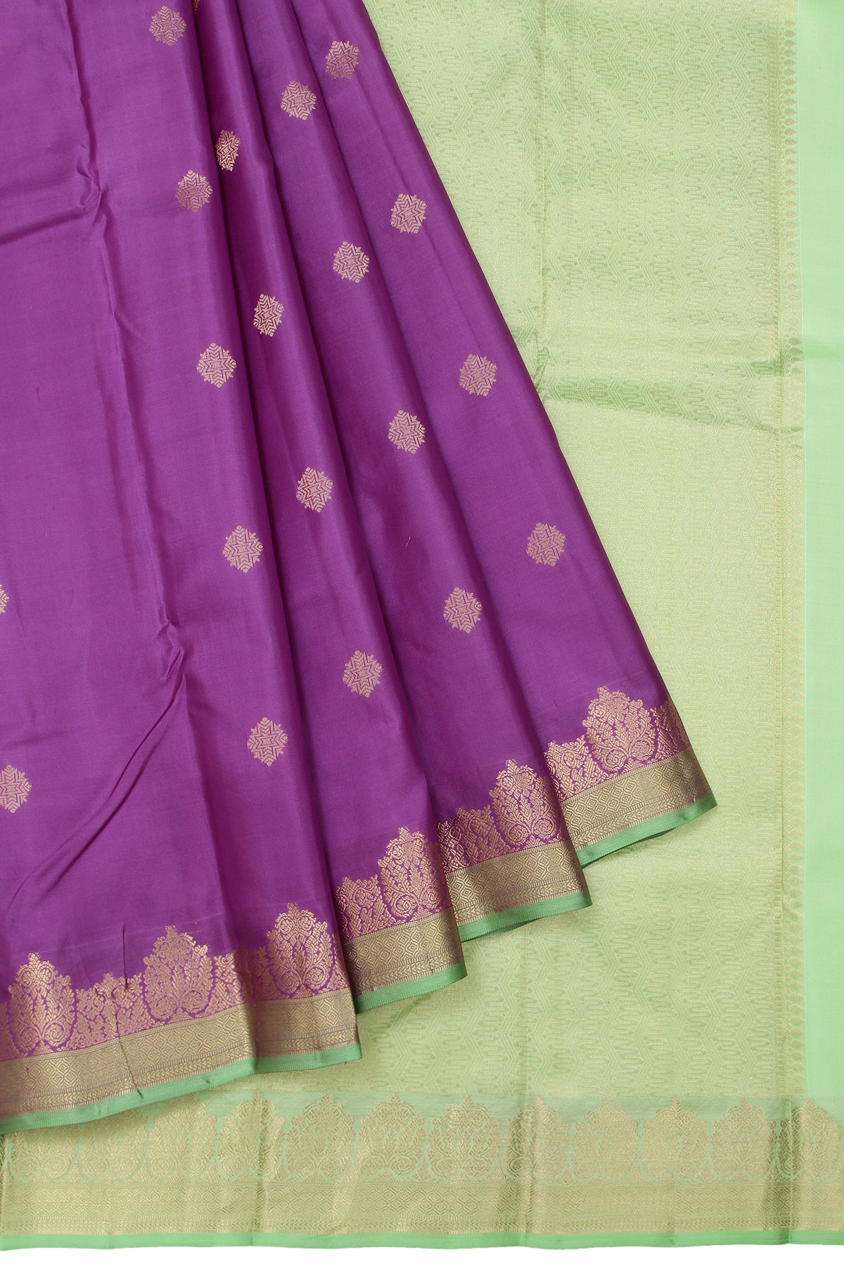 Violet Soft Silk Saree with Pista Green Gold Zari Border