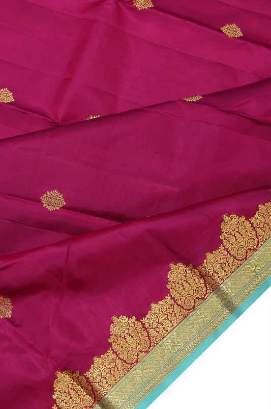 Magenta Soft Silk Saree with Sea Blue Gold Zari Checks and Motifs