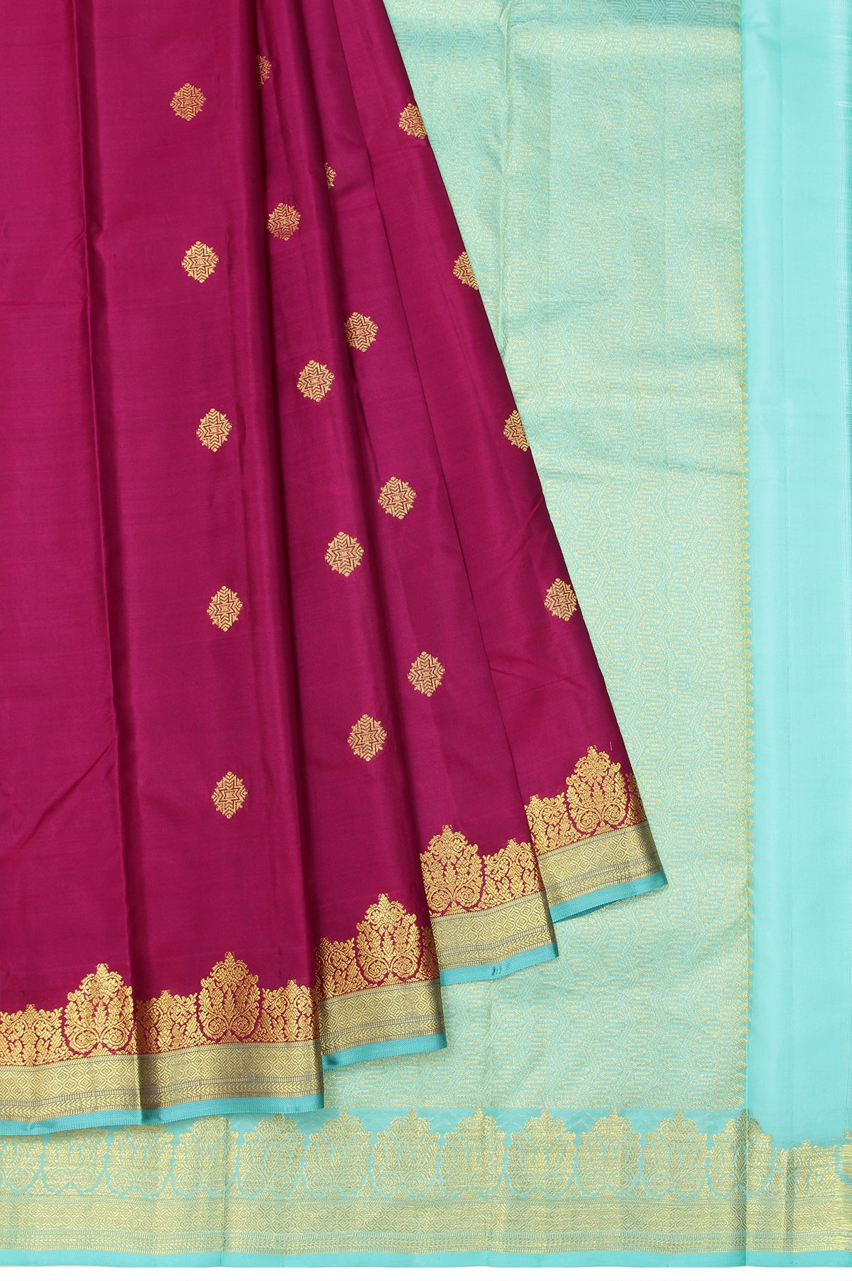 Magenta Soft Silk Saree with Sea Blue Gold Zari Checks and Motifs