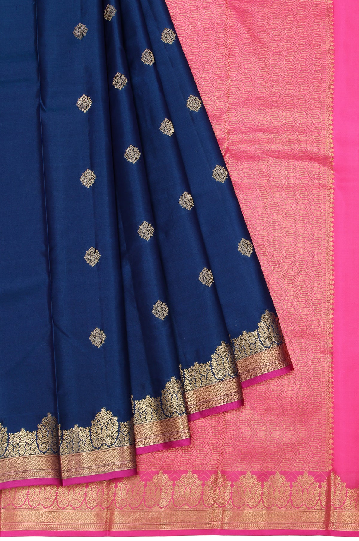 Peacock Blue Soft Silk Saree with Pink Gold Stripes