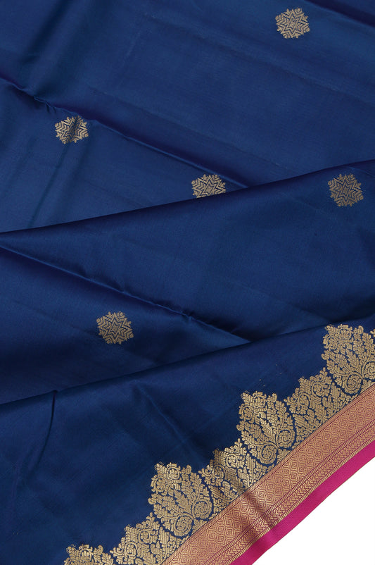 Peacock Blue Soft Silk Saree with Pink Gold Stripes