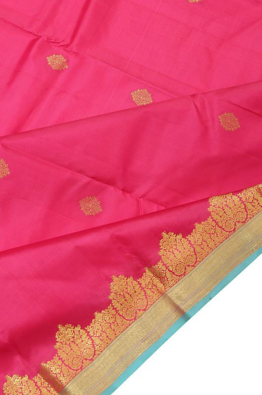 Pink Soft Silk Saree with Sea Blue Gold Zari Checks and Rangoli Motifs