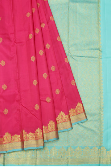 Pink Soft Silk Saree with Sea Blue Gold Zari Checks and Rangoli Motifs