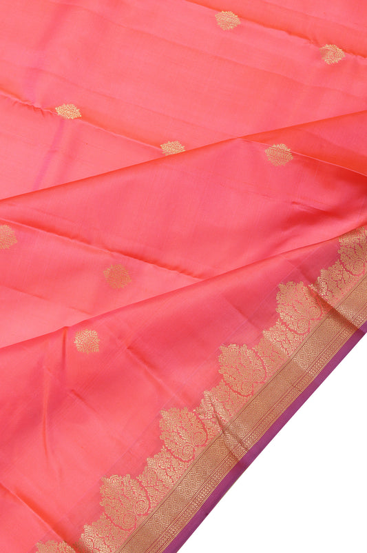 Peach Soft Silk Saree with Lavender Gold Zari Tree and Rangoli Motifs