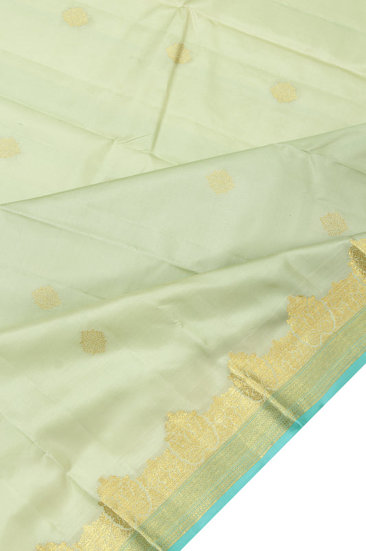 Pista Green Soft Silk Saree with Sea Blue Gold Zari Checks