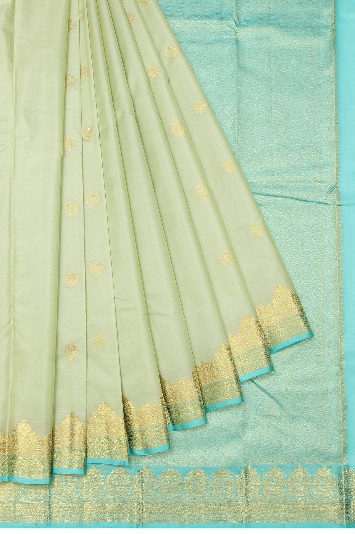 Pista Green Soft Silk Saree with Sea Blue Gold Zari Checks