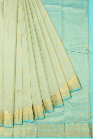 Pista Green Soft Silk Saree with Sea Blue Gold Zari Checks