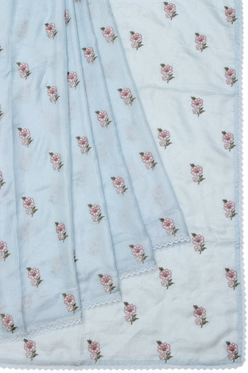 Powder Blue Kota Silk Saree with Lace Border and Flower Motifs