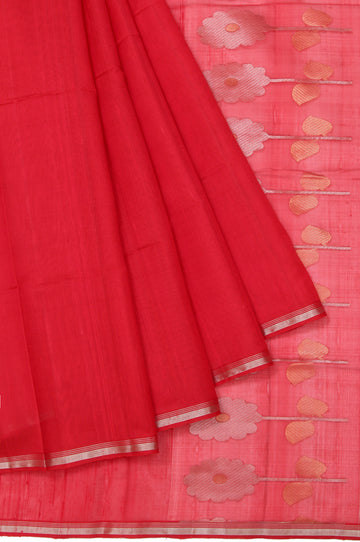 Red Kanchi Kora Silk Saree with Silver Stripes