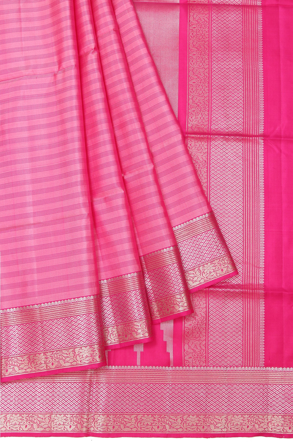 Pink Soft Silk Saree with Gold Silver Chevron