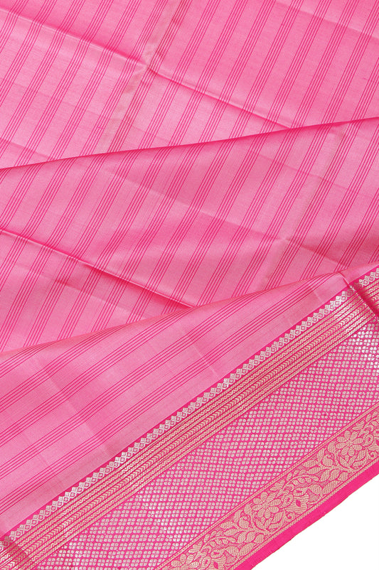 Pink Soft Silk Saree with Gold Silver Chevron