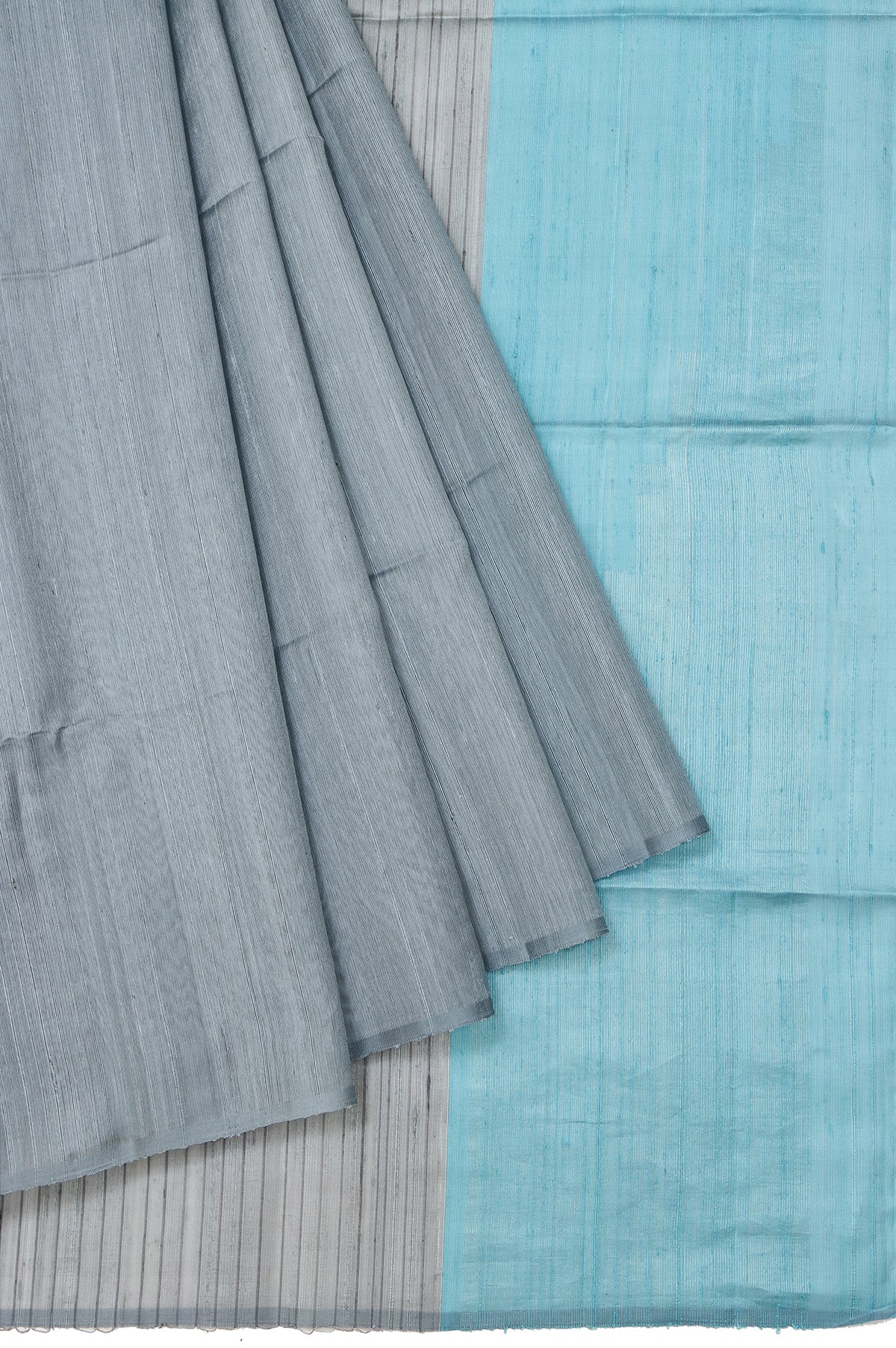 Grey Soft Silk Saree with Sky Blue Stripes