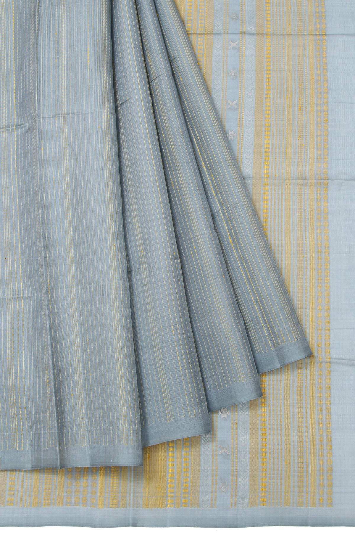 Grey Soft Silk Saree with Gold Silver Checks