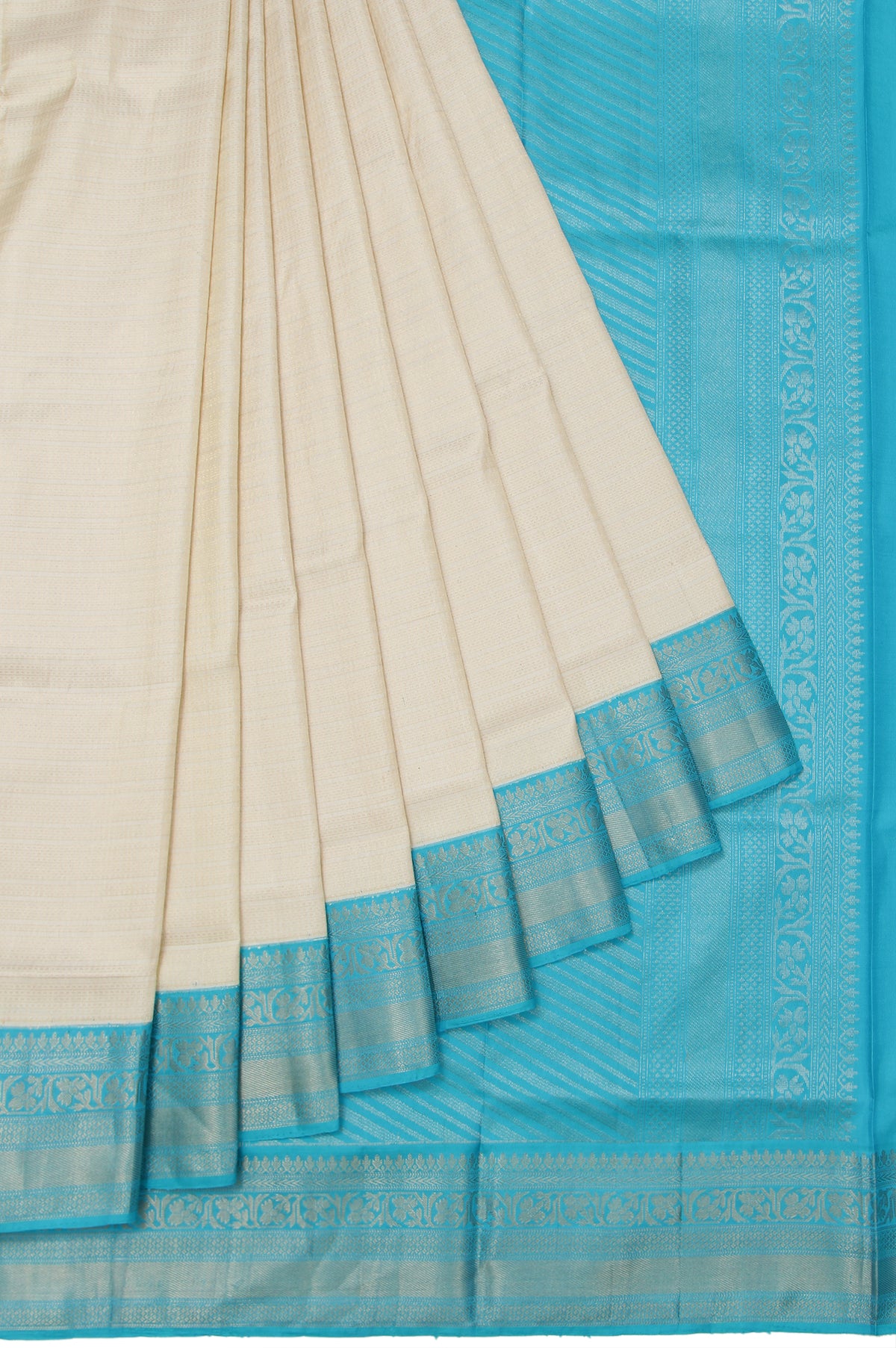 Off White Soft Silk Saree with Sky Blue Border and Floral Designs