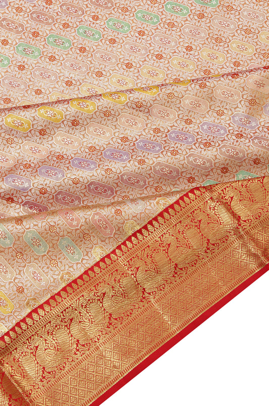 Gold Kanchipuram Tissue Silk Saree - With red border and mayil motifs.