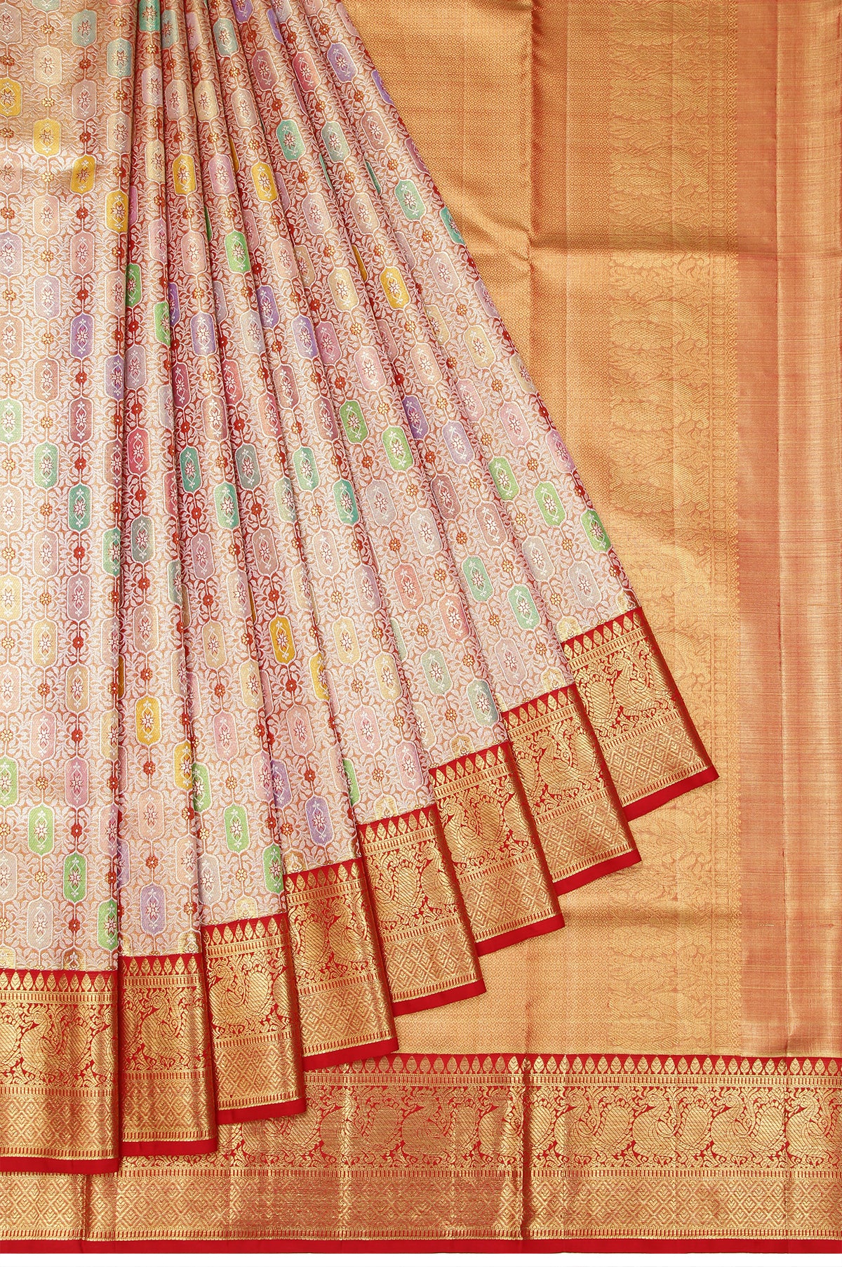 Gold Kanchipuram Tissue Silk Saree - With red border and mayil motifs.