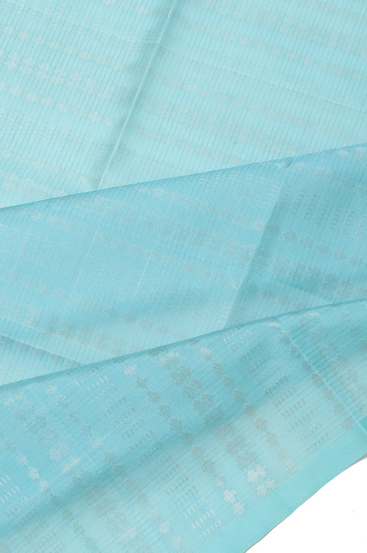 Sky Blue Soft Silk Saree with Gold Silver Stripes