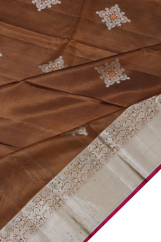 Brown Soft Silk Saree with Magenta Pink Silver Zari Floral Jaal