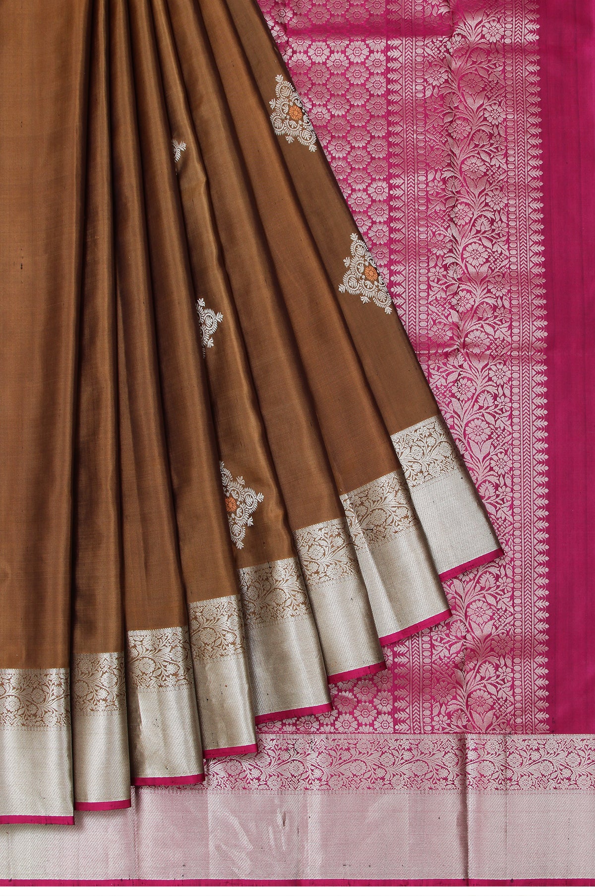 Brown Soft Silk Saree with Magenta Pink Silver Zari Floral Jaal