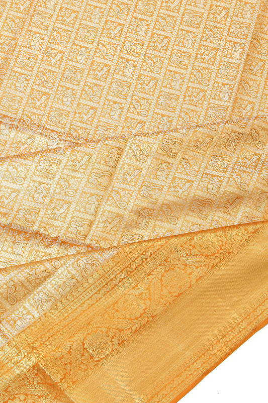 Mustard Kanchipuram Silk Saree with Mayil, Kili, and Yanai Motifs