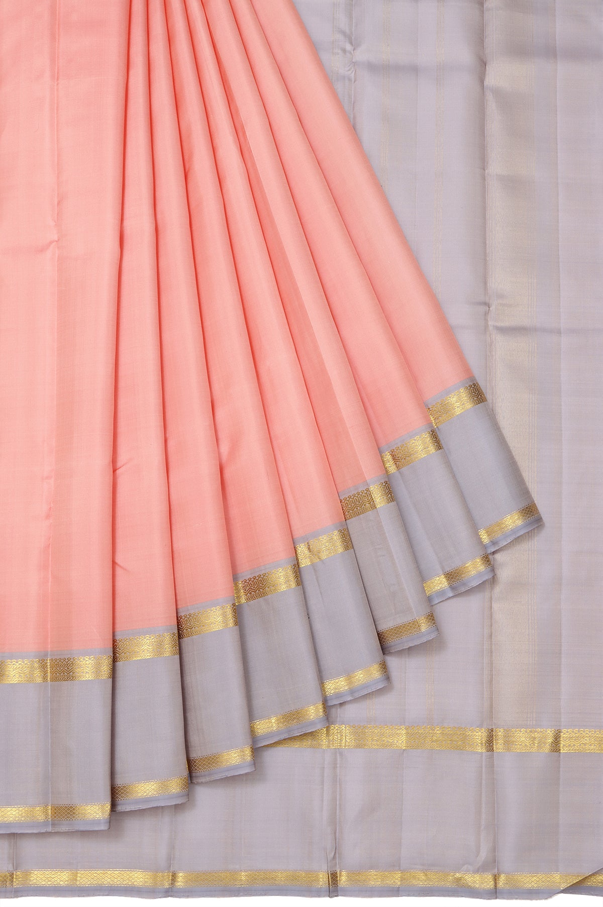 Peach Kanchipuram Silk Saree with Lavender Zari Check Border