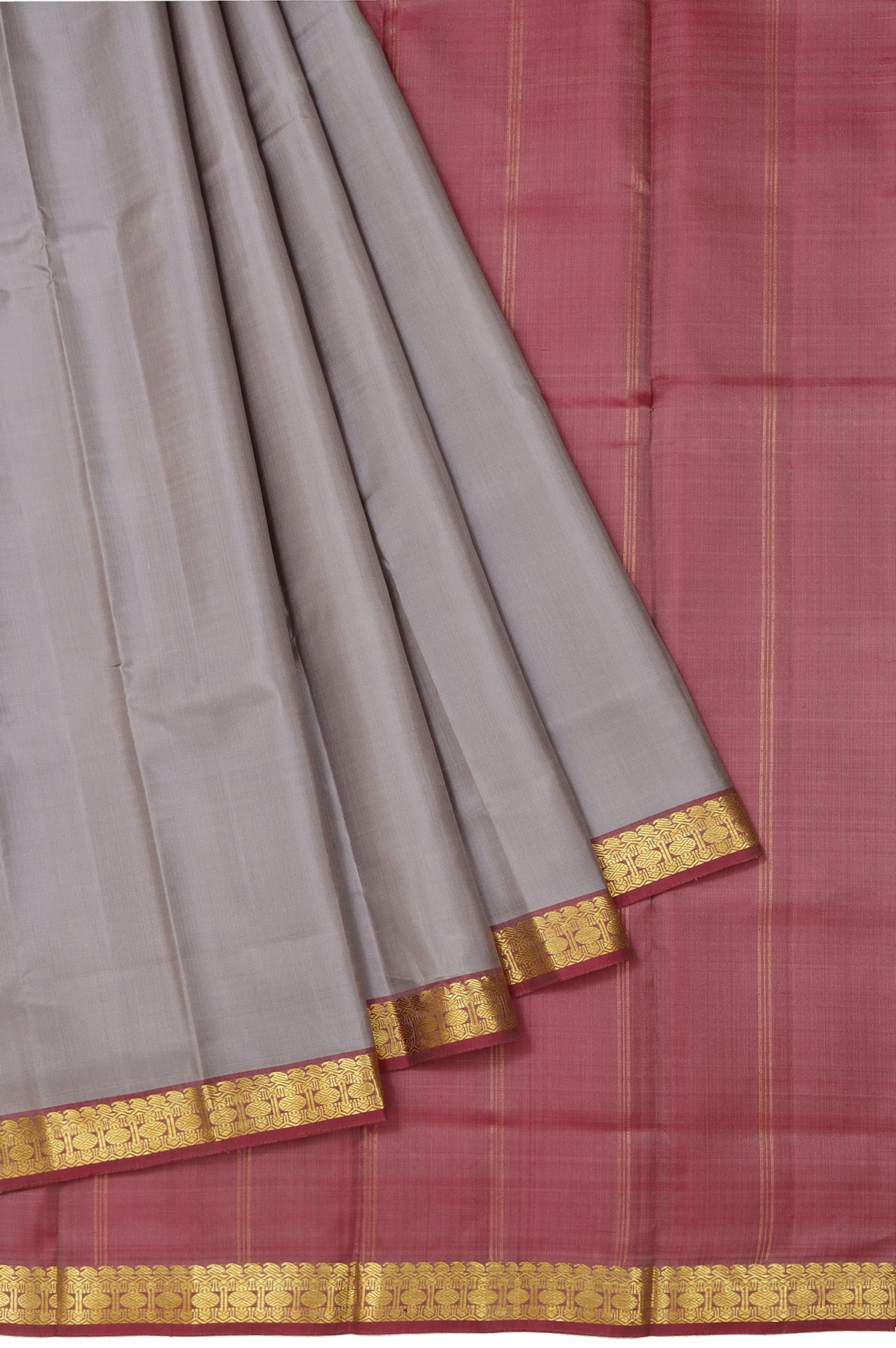 Grey Kanchipuram Silk Saree with Ganga Jamuna Border and Plain Body