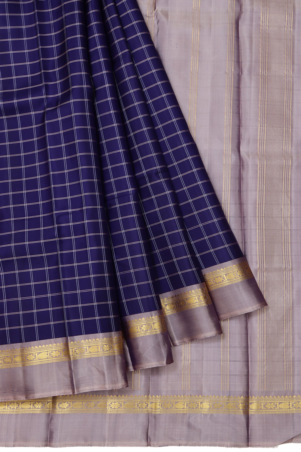 Navy Blue Kanchipuram Silk Saree with Lavender Gold Zari Stripes and Tassels